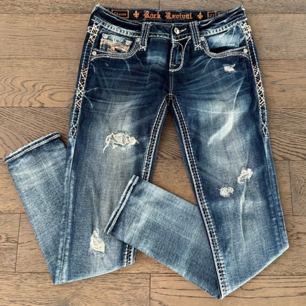 Rock Revival Charon Distressed Rhinestone Pocket Skinny Jeans